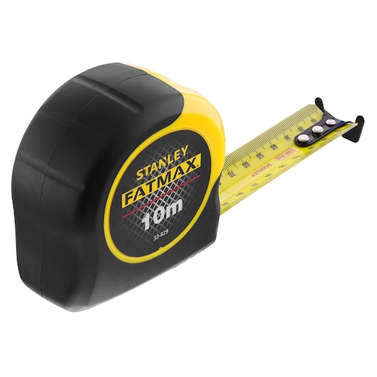 STANLEY 33-829 FATMAX 10m tape measure with black and yellow casing, extended yellow measuring blade, front angle photo.
