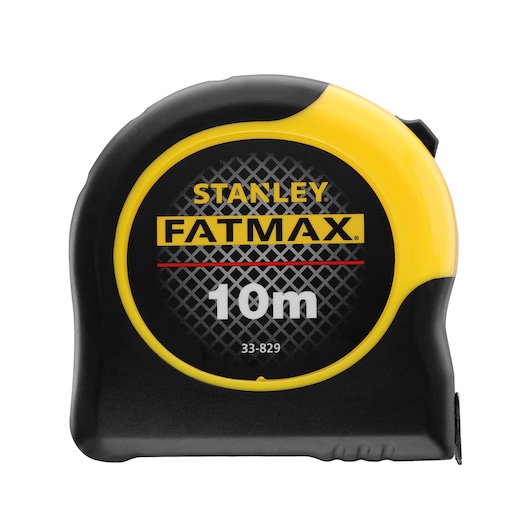 Photo of STANLEY 33-829 FATMAX 10m tape measure, black and yellow casing, front view on white background.
