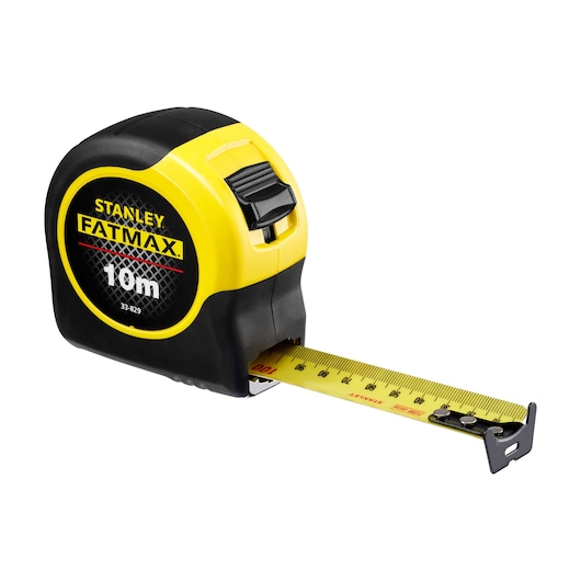 Photo of STANLEY FATMAX 10m tape measure, SKU 33-829, black and yellow body, extended yellow blade, front angle.