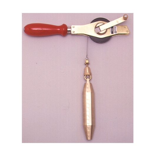 STANLEY 34-273 measuring tape with red handle and attached brass plumb bob, front angle on white background.