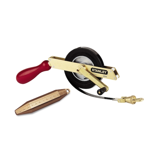 Stanley 20m measuring tape with red handle and brass plumb bob for surveying or photography task.