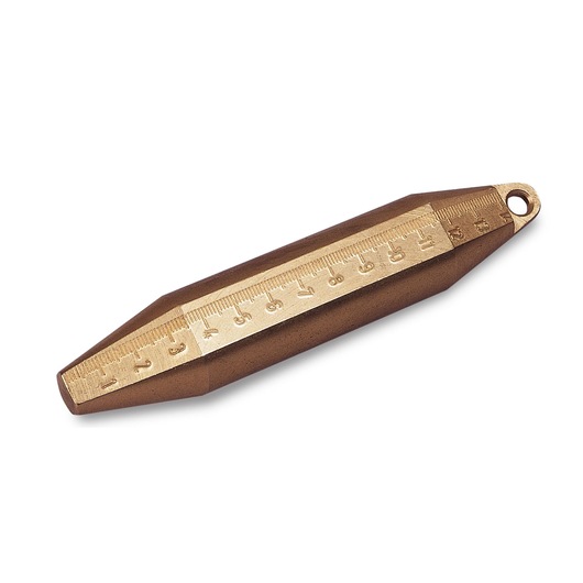 STANLEY 34-975 brass plumb bob with engraved ruler, product photography on white background.
