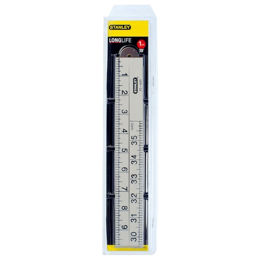 Stanley 35-445 folding ruler, white with black markings, front angle on white background.