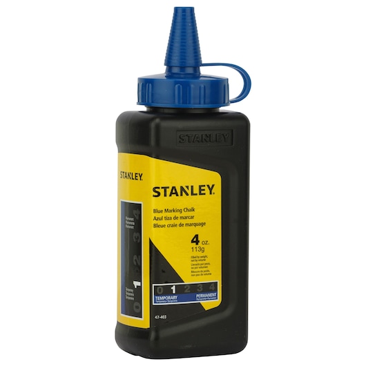 STANLEY 47-443 blue marking chalk bottle, 4 oz, yellow label, front angle on white background.