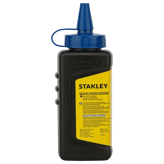 STANLEY 47-443 black chalk line refill bottle with yellow label and blue nozzle, front angle on white background.