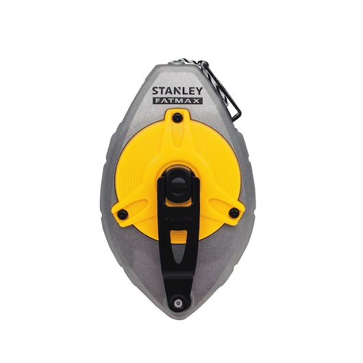 STANLEY 47-480L chalk line reel in gray and yellow, front angle, FATMAX series, photography.