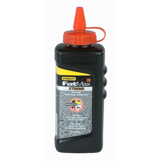 Photo of STANLEY 47-821 FatMax Xtreme red chalk refill bottle, black with red cap, product on white background.