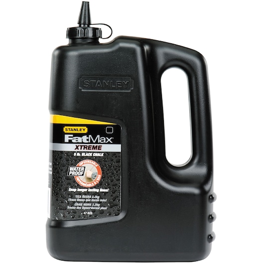 Photo of STANLEY 47-828 FatMax Xtreme 5 lb black chalk bottle, waterproof, front view with handle and spout.