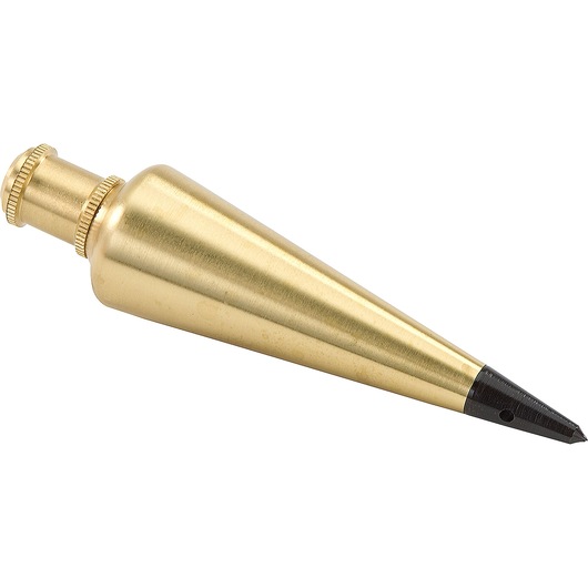 STANLEY 47-973 brass plumb bob, conical shape, photographed from side on white background.