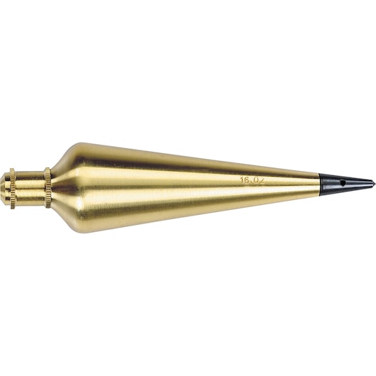 STANLEY 47-973 brass plumb bob, side angle, metal tool with pointed black tip on white background.