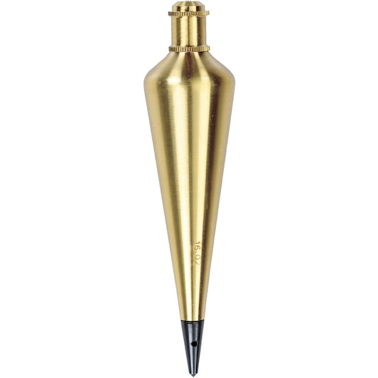 STANLEY 47-974 brass plumb bob, front angle, gold metal body and black tip on white background.
