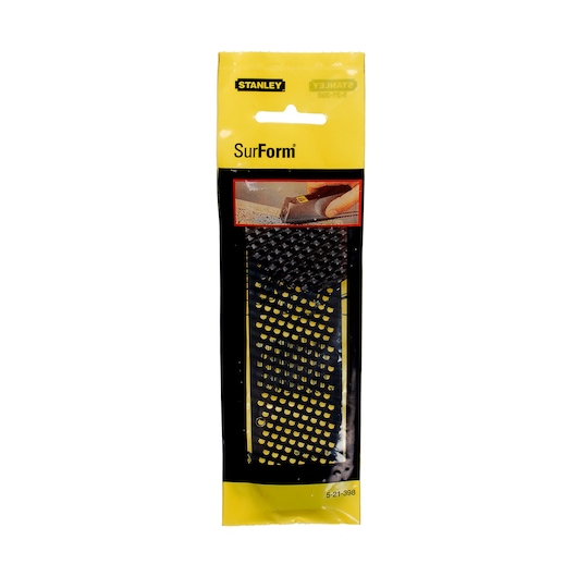 STANLEY 5-21-398 SurForm blade in retail packaging, product photography, front angle, yellow and black design.