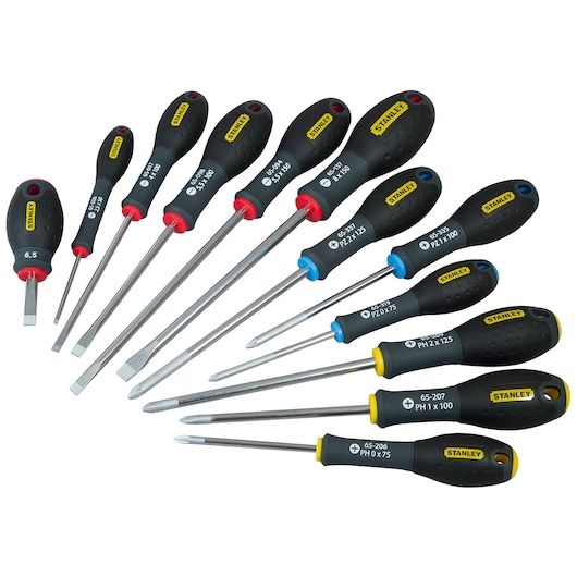 Stanley set of 12 assorted screwdrivers with black and yellow handles, arranged in a fan shape.