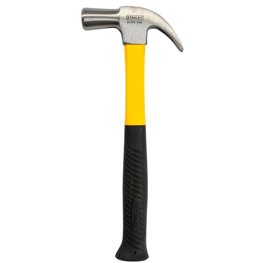 Stanley claw hammer with yellow handle and black grip shown upright against a white background.