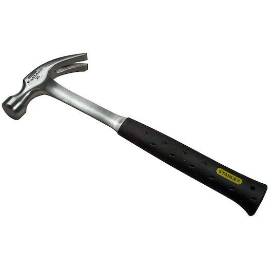 STANLEY 51-229 claw hammer with black grip handle, side angle on white background.