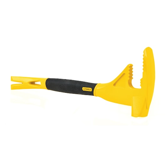 Photo of STANLEY 55-099 yellow demolition tool with black grip, right side view, on white background.