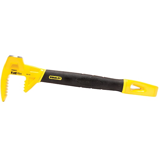 STANLEY 55-119 FatMax demolition tool with yellow and black handle, side angle on white background.
