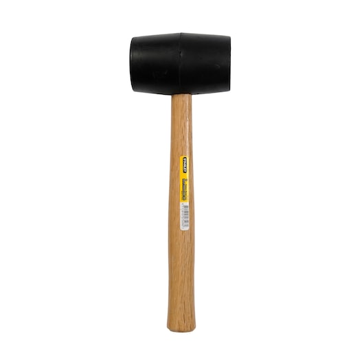 STANLEY 57-528 rubber mallet with black head and wooden handle, product photography on white background.