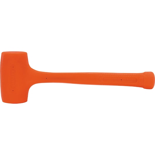 STANLEY 57-533 orange dead blow hammer, side view on white background, hand tool with textured handle.