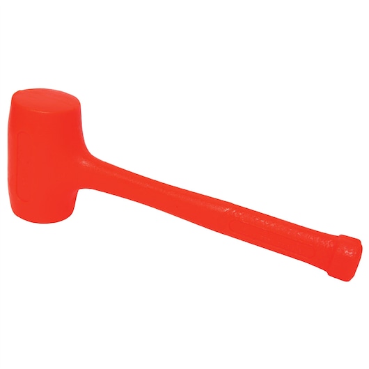 Photo of STANLEY 57-534 orange dead blow hammer with textured handle, side angle on white background.