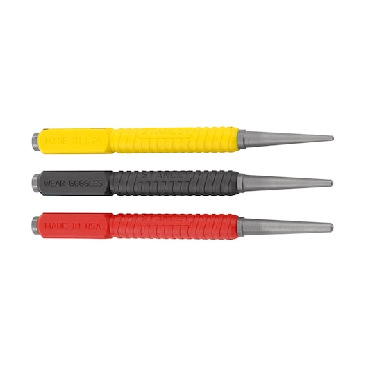 STANLEY 58-930 center punch set, three pieces with yellow, black, and red handles, side view on white background.