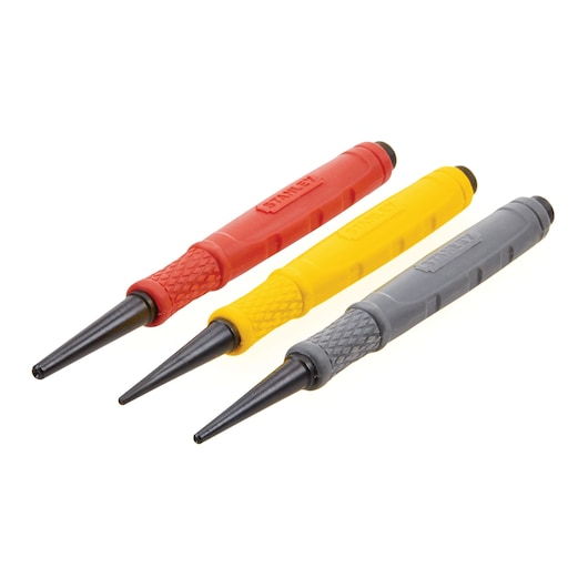 STANLEY 58-930 punch set with red, yellow, and gray handles, angled view, photography of three hand tools.