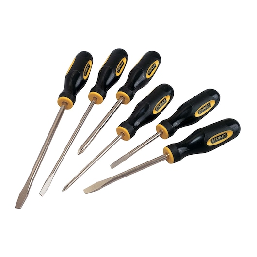 Photo of STANLEY 60-060 screwdriver set, black and yellow handles, six tools, angled on white background.