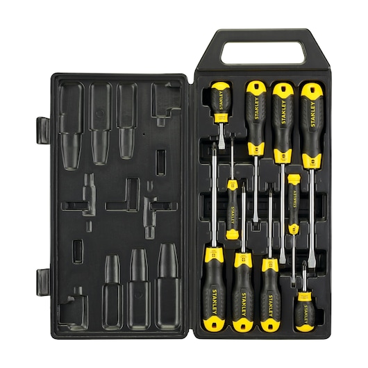 Stanley screwdriver set in black case with yellow and black handles, organized for storage and transport.