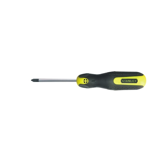 STANLEY 65-157 Phillips screwdriver with black and yellow ergonomic handle, side view on white background.