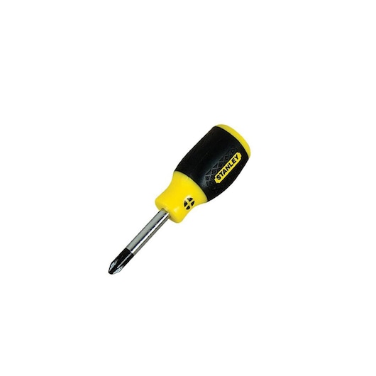 Photo of STANLEY 65-166 screwdriver with yellow and black handle, Phillips head, product on white background, side angle.