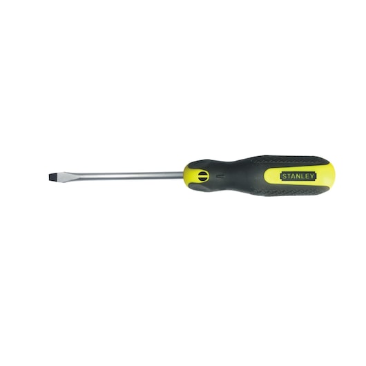 Stanley flathead screwdriver with a black and yellow handle, available for photography and tool use.