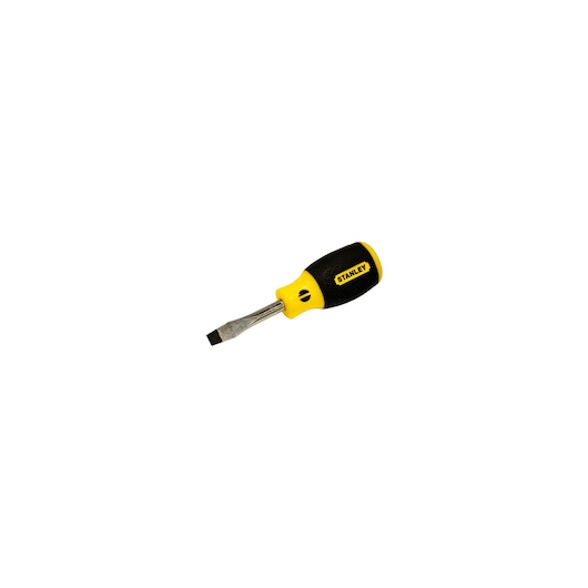 STANLEY 65-190 stubby flathead screwdriver with yellow and black handle, product photo on white background.