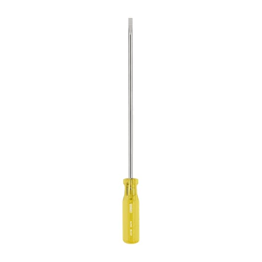 STANLEY 65-541 long flathead screwdriver with yellow handle, front angle on white background.