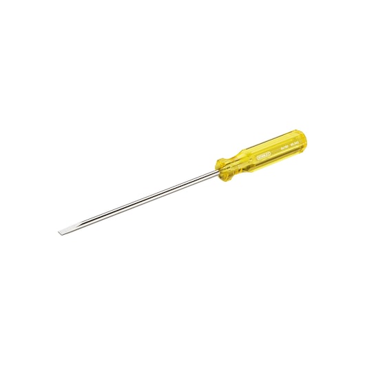 STANLEY 65-543 flathead screwdriver with yellow transparent handle, side angle on white background.
