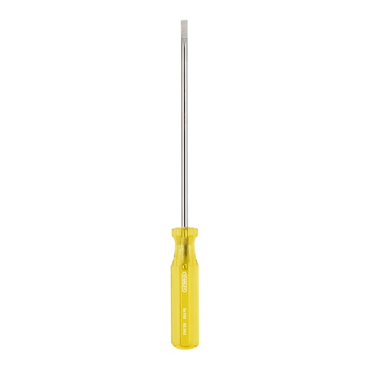 STANLEY 65-543 flathead screwdriver, yellow handle, photography, front angle on white background.