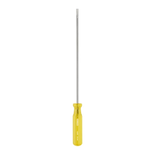 STANLEY 65-544 slotted screwdriver with long chrome shaft and yellow handle, front angle, white background.