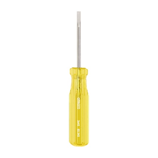 STANLEY 65-545 screwdriver with flat blade and transparent yellow handle, front angle on white background.