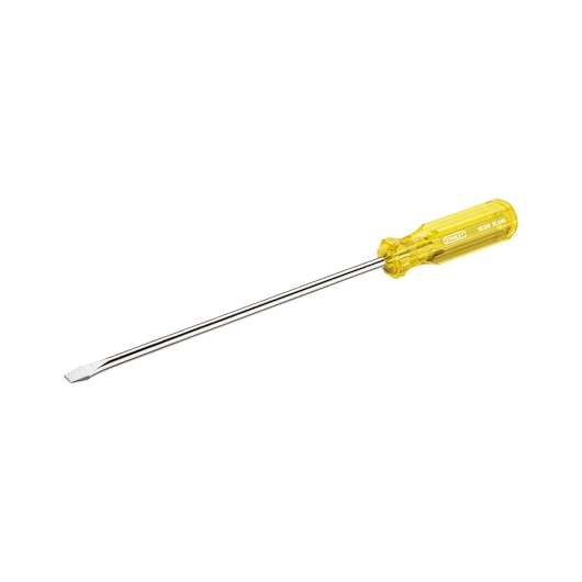STANLEY 65-548 flathead screwdriver with long chrome shaft and yellow translucent handle, side angle on white background.