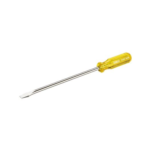 STANLEY 65-553 slotted screwdriver with yellow transparent handle, side view on white background.