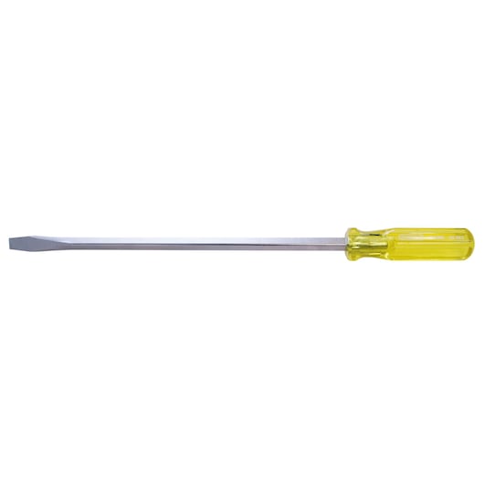 STANLEY 65-563 flathead screwdriver with long metal shaft and transparent yellow handle, side angle photo.