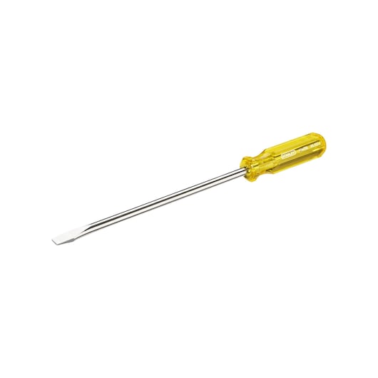 STANLEY 65-572 flathead screwdriver with yellow transparent handle, side angle, white background.