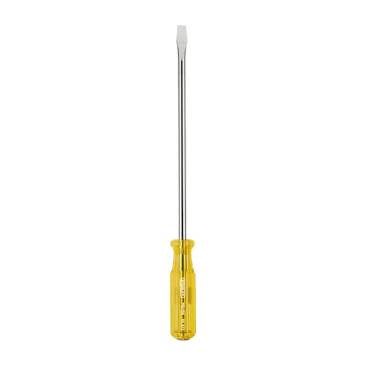STANLEY 65-572 flat head screwdriver with yellow transparent handle, front view, photography on white background.