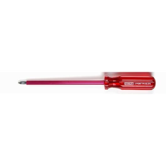 STANLEY 65-576 red Phillips screwdriver with long shaft, side angle, white background.