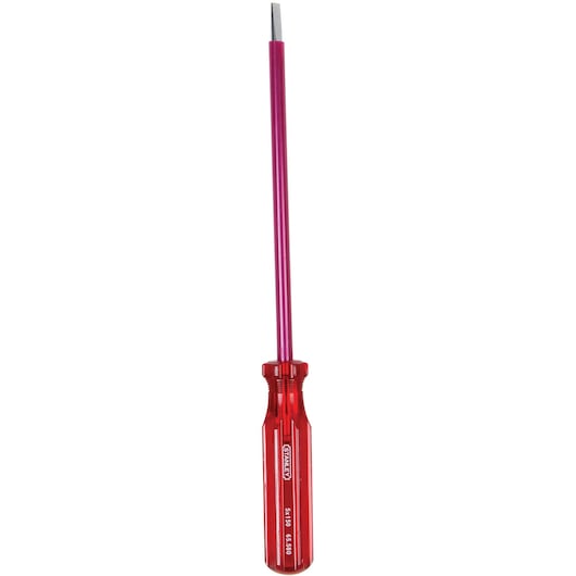 STANLEY 65-580 red handle flathead screwdriver, front angle, long shaft, clear white background.