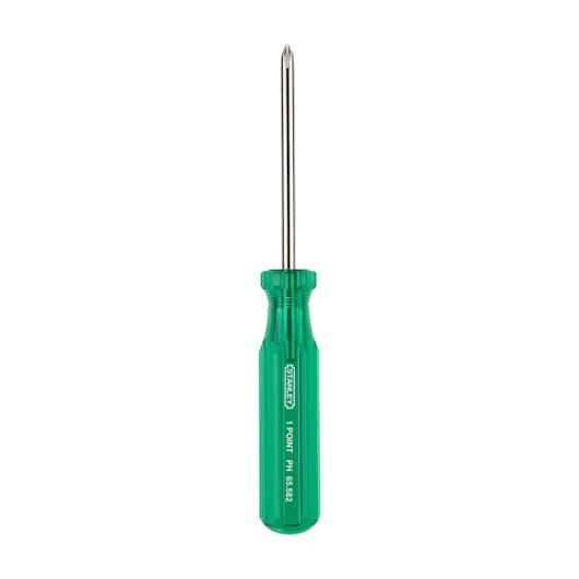 STANLEY 65-582 Phillips screwdriver with green handle, front view, product photography.