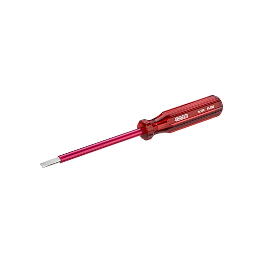 STANLEY 65-597 flat head screwdriver with red translucent handle, side angle on white background.