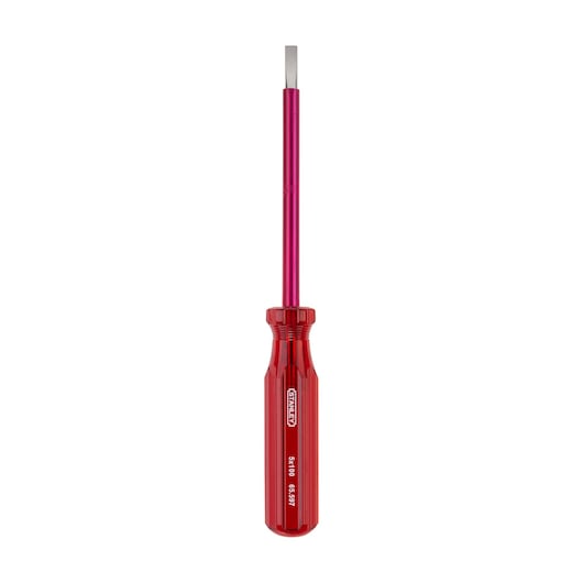 STANLEY 65-597 flathead screwdriver with red handle, front view, on white background.