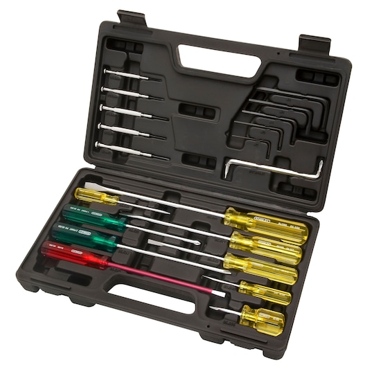 Photo of STANLEY 65-750A tool set with screwdrivers and hex keys in black plastic case, viewed from above.
