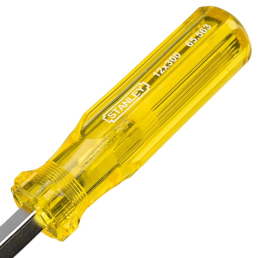 STANLEY 65-750 screwdriver with yellow transparent handle, angled close-up on white background.