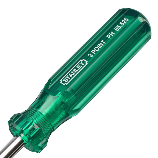 STANLEY 65-750 screwdriver with green transparent handle, close-up angle on white background.